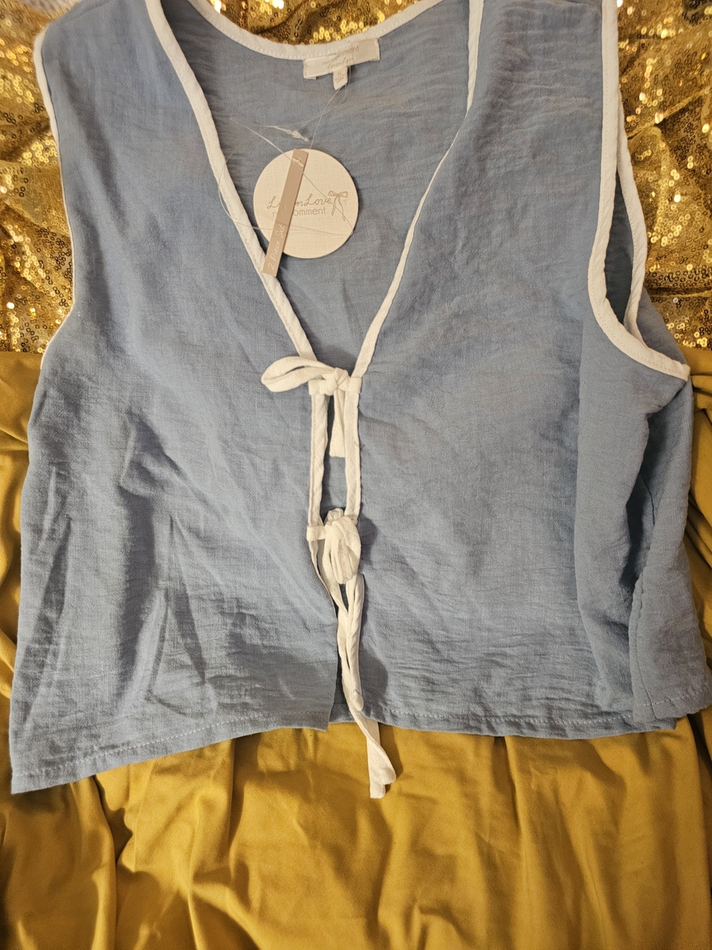 No Comment Love Linen Light Blue Sleeveless Tie-Front Top With Matchinf Bottoms
